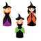 Cartoon cute witches characters in dresses and hats. Girls in carnival halloween costumes