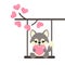 Cartoon cute wolf with heart on a swing and on a lovely branch