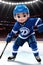 cartoon cute young hockey player in stadium background. Generative AI