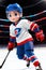 cartoon cute young hockey player in stadium background. Generative AI