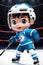 cartoon cute young hockey player in stadium background. Generative AI