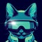 Cartoon cyberpunk portrait of a cute funny cat with glasses in neon blue light on black background.