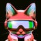 Cartoon cyberpunk portrait of a cute funny cat with glasses in neon light on black background.