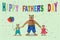 Cartoon daddy bear with son and daughter . multicolored inscription happy father`s day