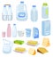 Cartoon dairy products, milk, cheese, yoghurt. Milk product set isolated on background, healthy milk and cheese eating