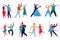 Cartoon dancing couples. Different dancers performing, happy persons in stage outfits, funny cartoon characters, men and