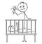 Cartoon of Dead Tired Father Entertaining Baby in Night With Rattle
