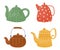 Cartoon decorative glass and ceramic teapots. Modern and vintage kettles for hot drink. Japan and chinese kitchenware