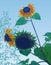 Cartoon decorative sunflowers growing under the blue sky