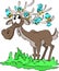 Cartoon deer standing happily with lots of blue birds on his horns vector illustration