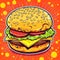 Cartoon delicious fast food, cheeseburger, hamburger, burger on colorful pop art retro background. Created with generative Ai