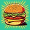 Cartoon delicious fast food, cheeseburger, hamburger, burger on colorful pop art retro background. Created with generative Ai