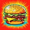 Cartoon delicious fast food, cheeseburger, hamburger, burger on colorful pop art retro background. Created with generative Ai