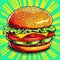 Cartoon delicious fast food, cheeseburger, hamburger, burger on colorful pop art retro background. Created with generative Ai