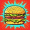 Cartoon delicious fast food, cheeseburger, hamburger, burger on colorful pop art retro background. Created with generative Ai