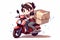 A cartoon of a delivery boy riding a motorcycle with a box on the back. AI generation