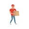 Cartoon delivery man carrying cardboard box. Smiling courier character in working uniform red t-shirt, cap and blue