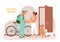 Cartoon deliveryman with bicycle giving bags with dog products to woman, man courier delivering order to door