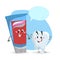 Cartoon dental care characters. Smiling healthy strong tooth and blue toothpaste tube. Healthcare kid vector illustration
