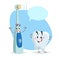 Cartoon dental care characters. Smiling healthy strong tooth and electric ultrasonic happy toothbrush. Healthcare kid vector illus