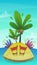 Cartoon desert tropic island with coconut palm tree and exotic funny plants . summer travel tourism holiday vector illustration ,