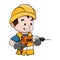 Cartoon design of labor worker with his safety helmet operating a drill. Industrial construction or carpentry worker