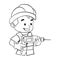 Cartoon design of labor worker with his safety helmet operating a drill. Industrial construction worker or carpentry. Coloring