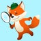 Cartoon detective little fox  with magnifying glass