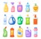 Cartoon detergent bottle. Cleaner, bleach, disinfectants, antiseptic, liquid soap. Spray detergents products for home