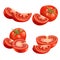 Cartoon different types tomatoes set. Red ripe vegetables isolated on white background. Slices, tomato compositions and tomato qua