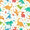 Cartoon dino seamless pattern. Cute triceratops, brontosaurus and tirex. Color dinosaurs vector illustration set