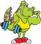 Cartoon dinosaur holding a dumbbell and making a muscle.