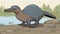 A cartoon dinosaur, possibly a platypus, is standing on a rocky shore near a body of water