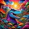 Cartoon dinosaur in psychedelic, parallel world, abstract reality