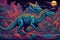 Cartoon dinosaur in psychedelic, parallel world, abstract reality