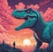 Cartoon dinosaur in psychedelic, parallel world, abstract reality