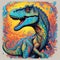 Cartoon dinosaur in psychedelic, parallel world, abstract reality