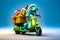 Cartoon dinosaur riding scooter with presents on it's back. Generative AI