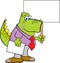 Cartoon dinosaur wearing a tie and holding a sign.