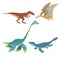 Cartoon dinosaurs set. Allosaurus, Plesiosaurus, Pteranodon and Mosasaurus. Land, flying and aquatic dinosaurs collection. Vector