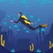 Cartoon diver swimming underwater surrounded by group of small fish.