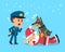 Cartoon doberman dog helping policeman to catch santa claus