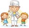Cartoon doctor with happy little children, a boy and a girl