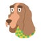 Cartoon Dog basset hound in scarf. Flat dog with big eyebrows