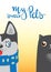 Cartoon dog and cat. Cute pets background.