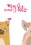 Cartoon dog and cat. Cute pets background.