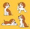 Cartoon dog in different positions, sitting, sleeping, dreaming, smiling