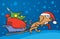 Cartoon dog dragging christmas sleigh