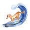 Cartoon dog has surfboarding on wave watercolor illustration isolated on white.