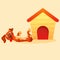 Cartoon dog house with funny lying dog behind. Cute dachshund